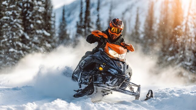 Thrilling snowy snowmobiling scene with an energetic rider in vivid winter gear amidst icy landscape.
