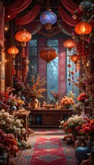 Fototapeta premium Create a vibrant and detailed image showcasing a culturally inspired interior scene. The scene includes red and blue lanterns, colorful floral arrangements, traditional objects on a wooden table, and 