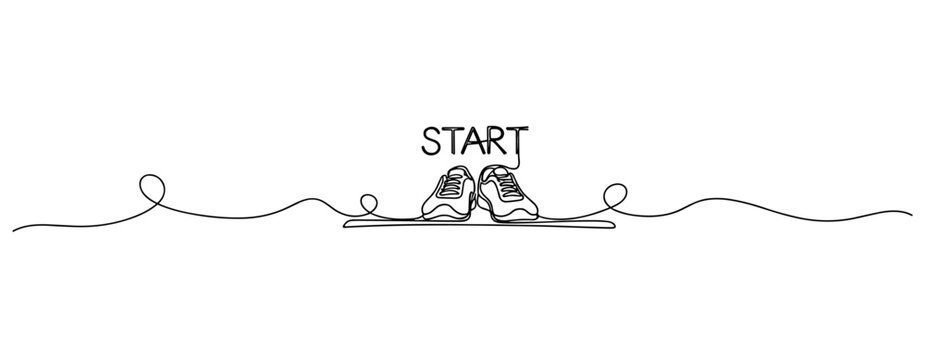 Running shoes at starting line on simple line background. No editable stroke