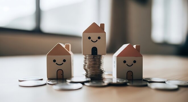 Wooden house figurines on coins a symbol of homeownership and financial stability