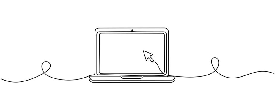 Laptop showing cursor arrow on blank screen in minimal line. No editable stroke
