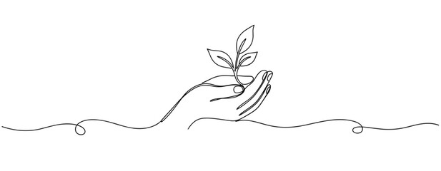 Fototapeta premium Hand holding sprouting seedling in minimalist white background. No editable stroke