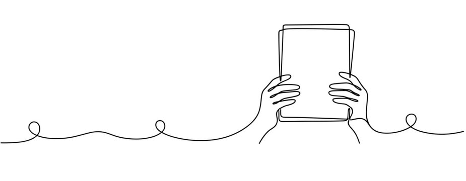 Hands holding tablet connected by continuous line drawing. No editable stroke