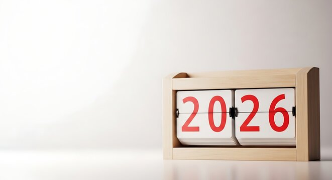 Title a wooden flip clock displaying the year 2026 symbolizing future dates and time concepts