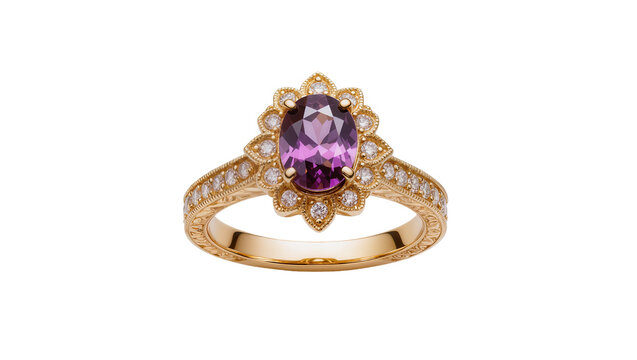 Ornate gold ring with oval amethyst and diamond halo, isolated on transparent background