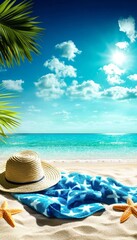 Fototapeta premium Tropical Paradise Vacation Getaway with Palm Leaves, Sandy Beach, Blue Towel, and Straw Hat