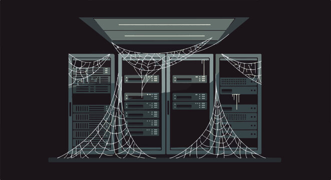 Abandoned server racks draped in cobwebs in a dark room