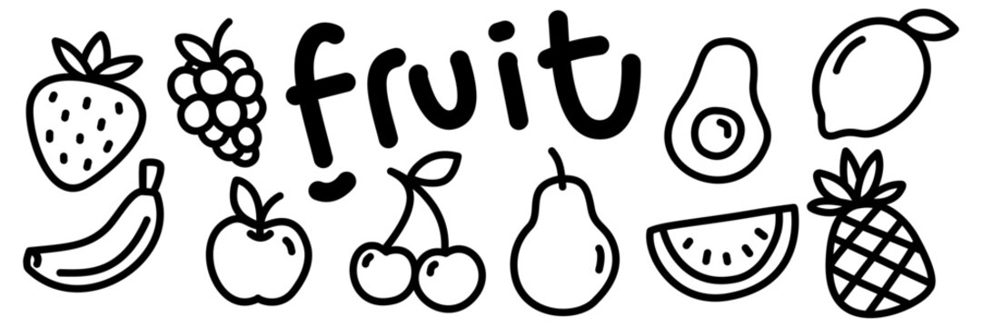 Fruit doodle vector icon set. Fruit icons with hand drawn doodle design style for graphic elements collection