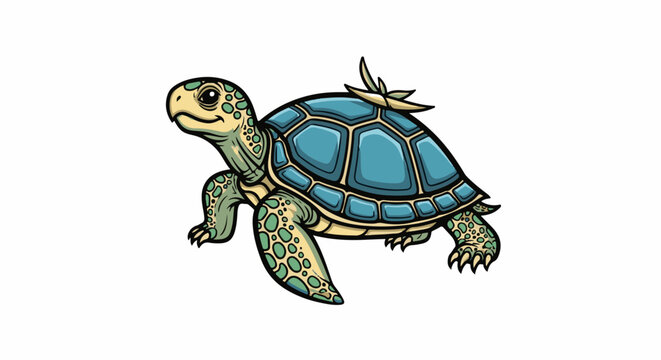 A stylized illustration of a sea turtle with a blue shell and green mottled skin