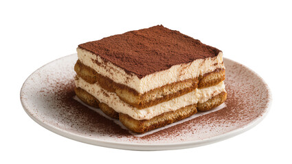 Layered tiramisu dessert dusted with cocoa powder on a plate, isolated on transparent background