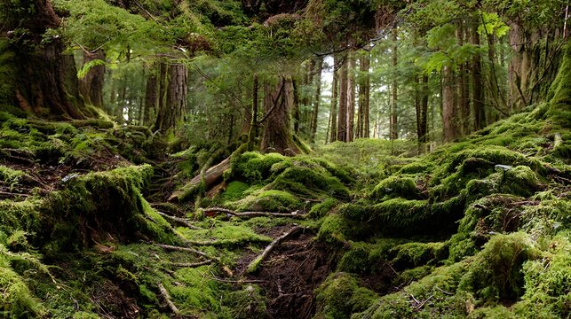 Dense Moss and Ferns in a Shady Forest