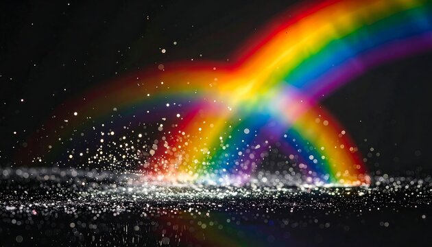 A vibrant rainbow arcs over a sparkling surface against a dark background