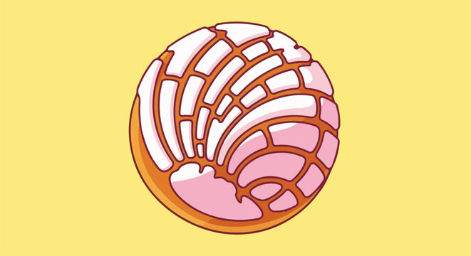 A stylized concha pastry with pink and white topping on a yellow background