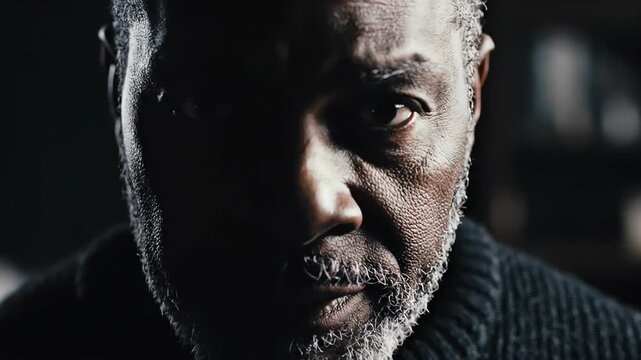 African American male with gray beard and black sweater gazes intensely, transitioning from focused expression to contemplative demeanor in a dimly lit indoor setting