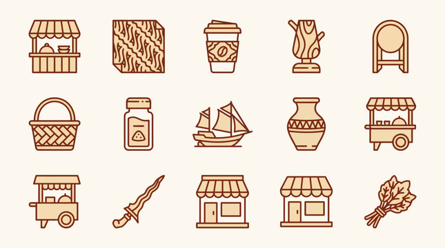 Indonesian Local Small Business UMKM Icon Set, Traditional Cultural Icons with Batik, Keris, Street Food Carts, and Local Handicrafts, Cultural Heritage Concept