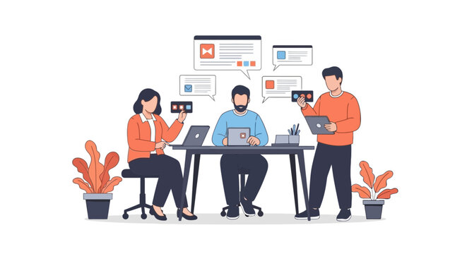 Collaborative team working with digital devices in modern office