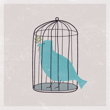 Peace dove with olive branch in the cage habd drawn childish style painted on old paper grain texture background square template