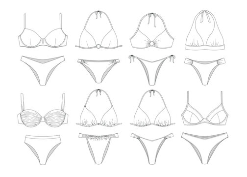 Variety of women's bikini designs - front, back, and different styles illustrated vector illustration