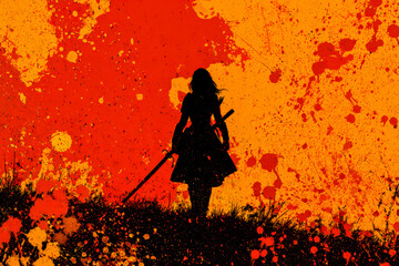 Naklejka premium Silhouette of a lone warrior woman holding a sword standing on grassy terrain against a vibrant background splattered with red and orange paint effects