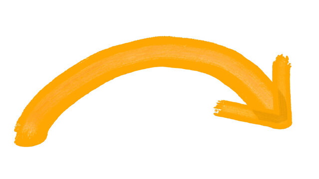 Yellow hand drawn curved arrow pointing right on white