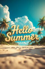 Fototapeta premium Postcard card poster text lettering Hello summer on sand beach sunny day background AI Generative