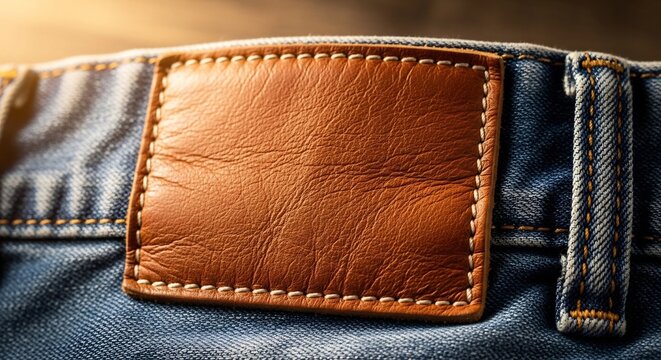 Close-up of a blank brown leather patch on blue denim jeans waistband.