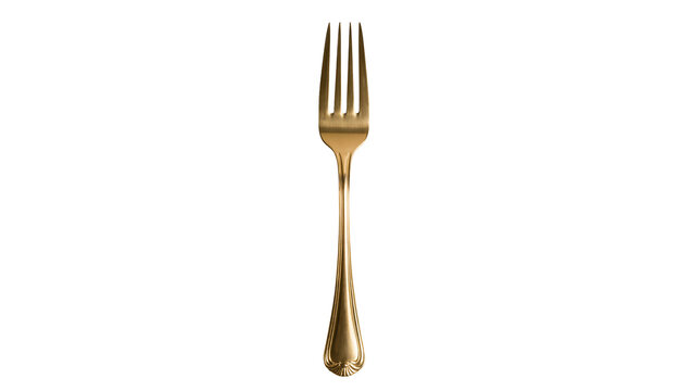Elegant gold four-tined fork with ornate handle, isolated on transparent background