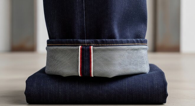 Close-up of selvedge denim jeans cuff with red and white stripe detail.