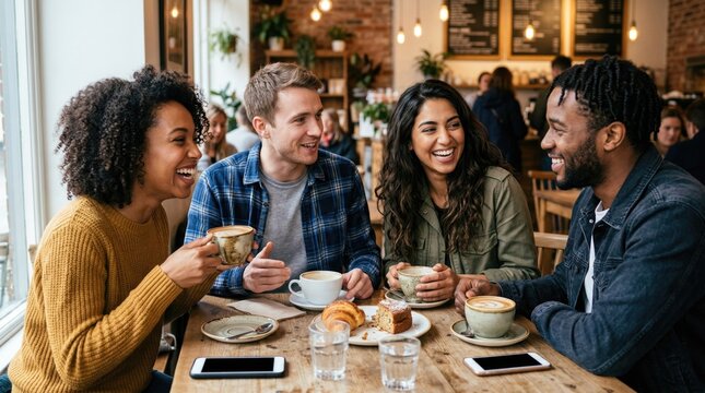 Group of friends laughing and chatting over coffee in a caf&eacute;  