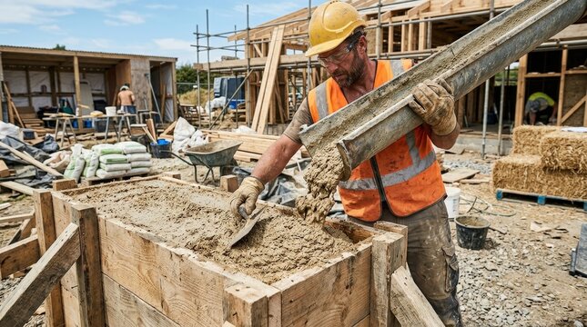 A construction worker pouring hemp concrete into a wooden frame, raw natural material texture and active building-site realism in bright daylight, ultra-realistic, no logos.