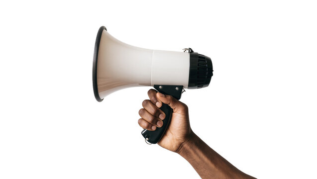 Dark-skinned hand holding a white and black megaphone, isolated on transparent background