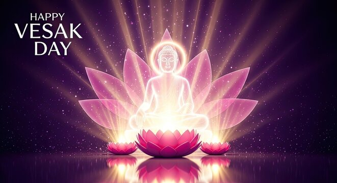 Happy vesak day celebrating buddha's birthday with lotus flowers and spiritual radiance