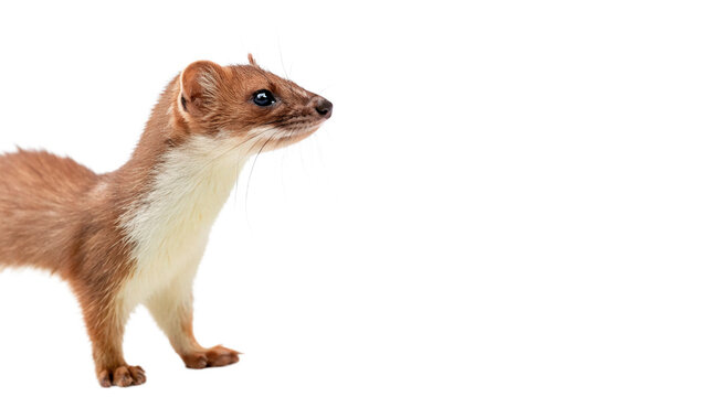 A small brown ferret with a white underbelly stands on four legs and gazes to the side. isolated on transparent background cut out