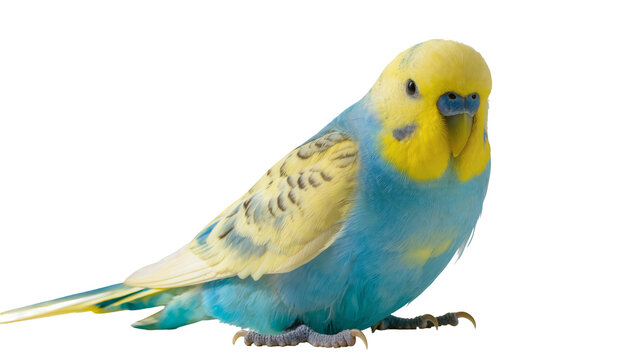 Blue and yellow budgie bird perched, isolated on transparent background