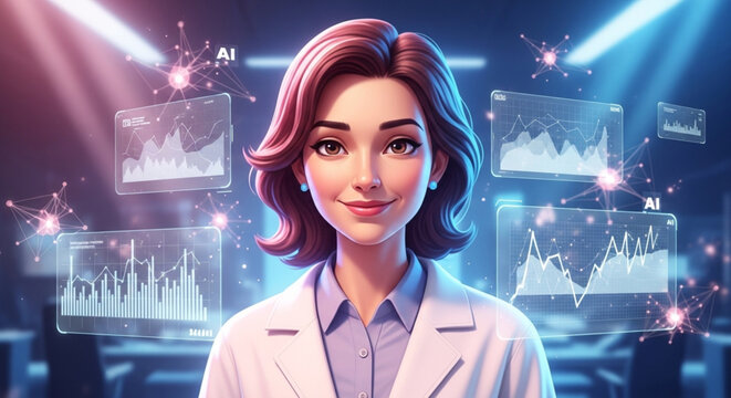 A female data scientist depicted in an ultra-realistic cartoon style, surrounded by floating holographic graphics and visualizations of AI neural networks.