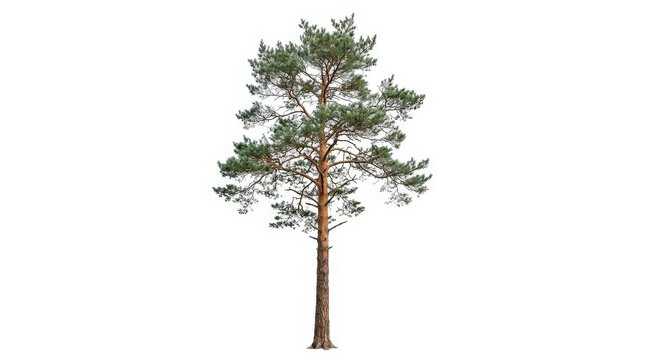 A tall classical Scots pine tree isolated on white, detailed bark and airy needle clusters capturing the natural form of Pinus sylvestris, ultra-realistic, no logos.