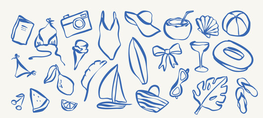 Fototapeta premium Hand drawn summer set with doodle vector elements, tropical naive collection with beach and vacation icons