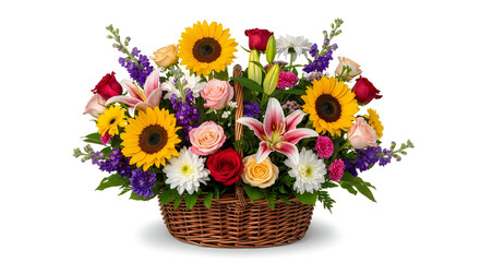 Obraz premium Vibrant floral basket arrangement with sunflowers roses and lilies