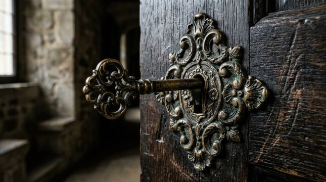An antique brass skeleton key inserted into an ornate escutcheon, aged metal texture and vintage elegance suggesting mystery and secure access, ultra-realistic, no logos.