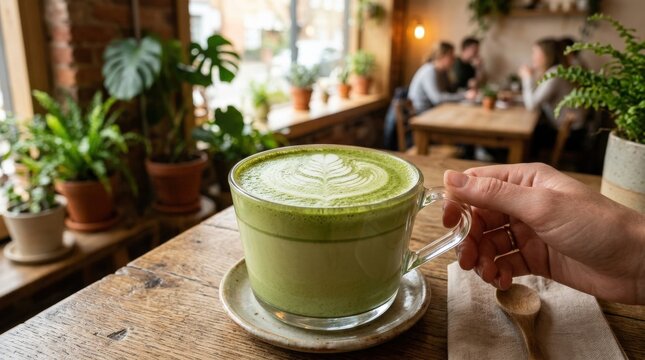 A matcha latte art drink in a transparent mug, creamy green tea surface and clear glass detail creating a calm organic caf&eacute; mood, ultra-realistic, no logos.