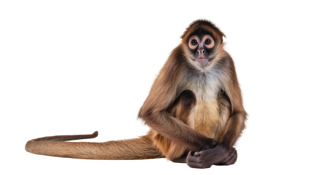 Brown spider monkey with long tail sitting, isolated on transparent background