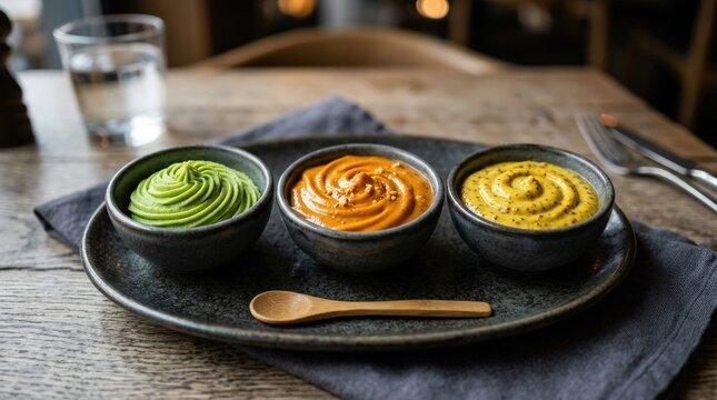 A trio of sauces presented in smooth swirls, green wasabi, orange peanut sauce and yellow mustard, vivid color contrast and clean culinary styling, ultra-realistic, no logos.