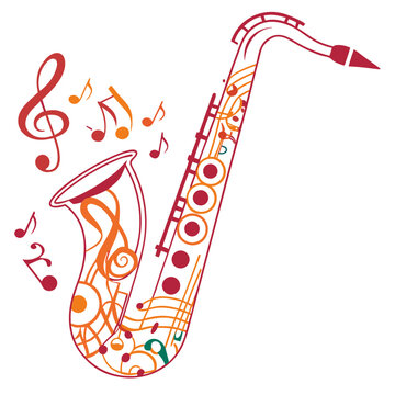 Saxophone with orange and red musical notes illustration.