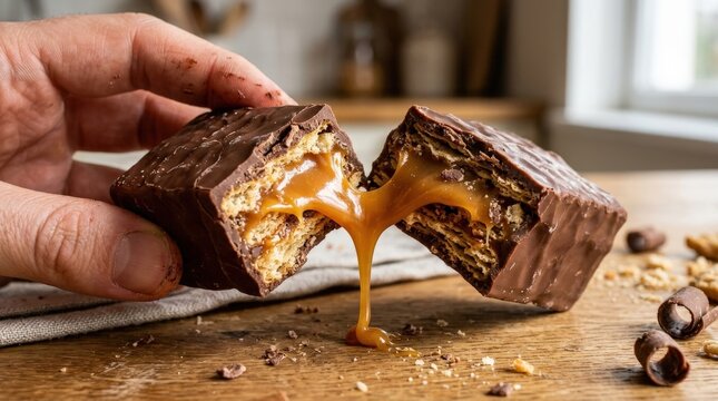 A broken caramel wafer chocolate bar revealing layered biscuit and flowing caramel filling, rich confectionery texture and indulgent dessert appeal, ultra-realistic, no logos.