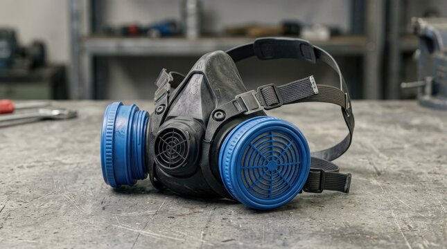 A black rubber respirator mask with blue filters and adjustable straps, protective gear presented with realistic industrial texture and clean product lighting, ultra-realistic, no logos.