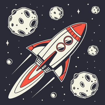 Cartoon rocket flying in dark outer space with planets.