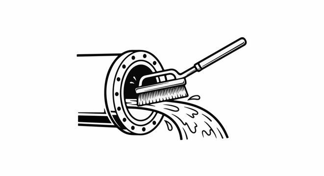 A brush cleans out a pipe, releasing a stream of water and debris