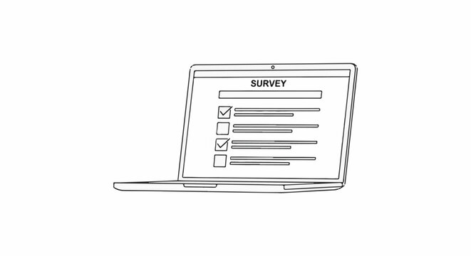 A line drawing of a laptop displaying a survey with checkboxes