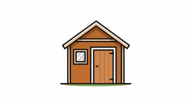 A simple, cartoon-style wooden shed with a window and double doors