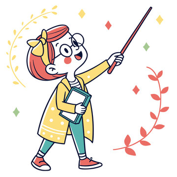 Teacher with pointer and book giving lesson.